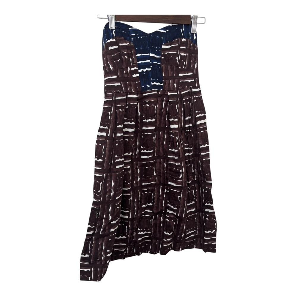 Milly of New York blue brown abstract print strapless mini dress size 2